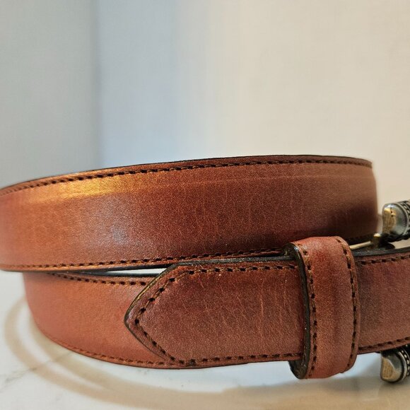Elite Accessories Genuine Leather Belt Medium Brown Ornate Buckle Silver - Picture 5 of 9
